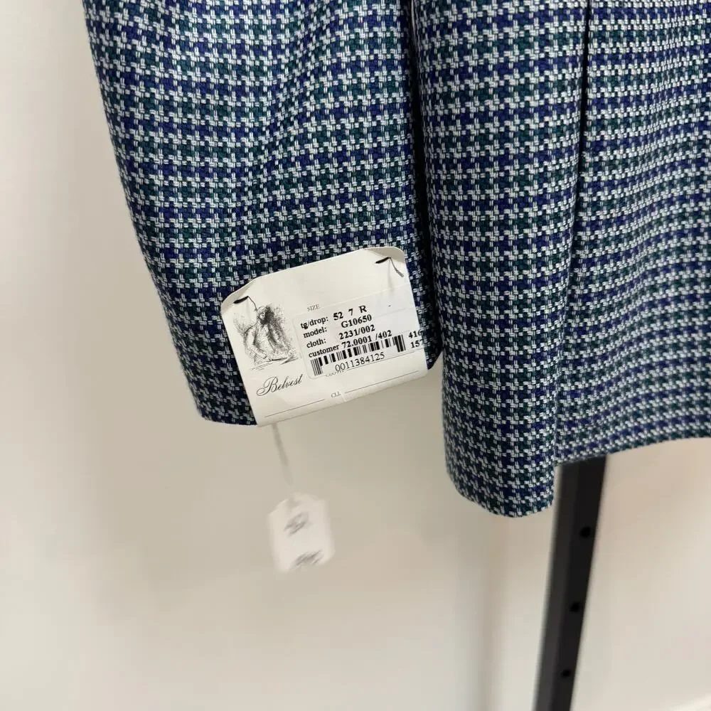 Belvest Blue Houndstooth Unstructured Sport Coat 52 NEW Super 100's Wool Blazer